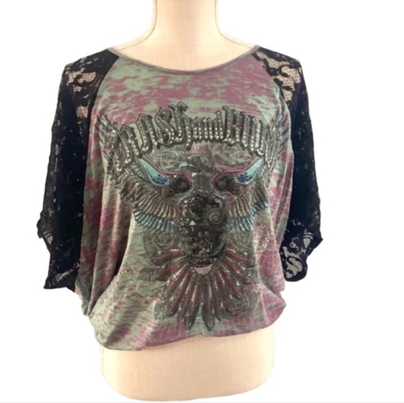 Crash and Burn for Buckle Womens Lace and Rhinestone Shirt Top - Picture 4 of 4
